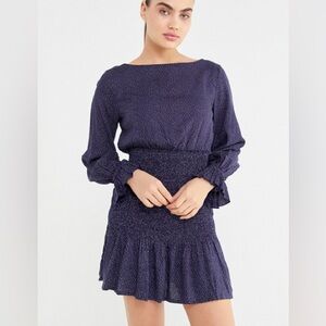 Urban Outfitters Leandra Smocked Long Sleeve Dark Blue Mini Dress